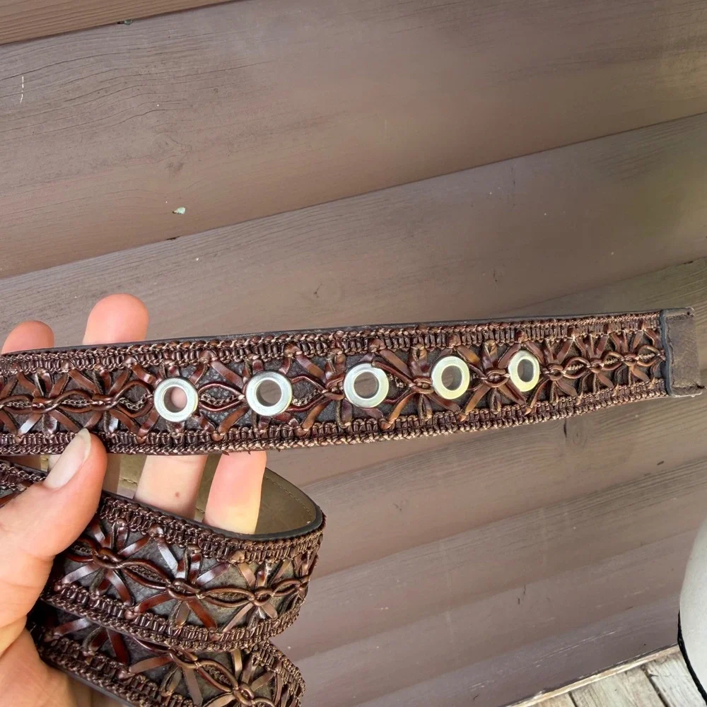 Woven Leather Belt Womens Large Brown Boho Interlaced Floral Silver Buckle 43in